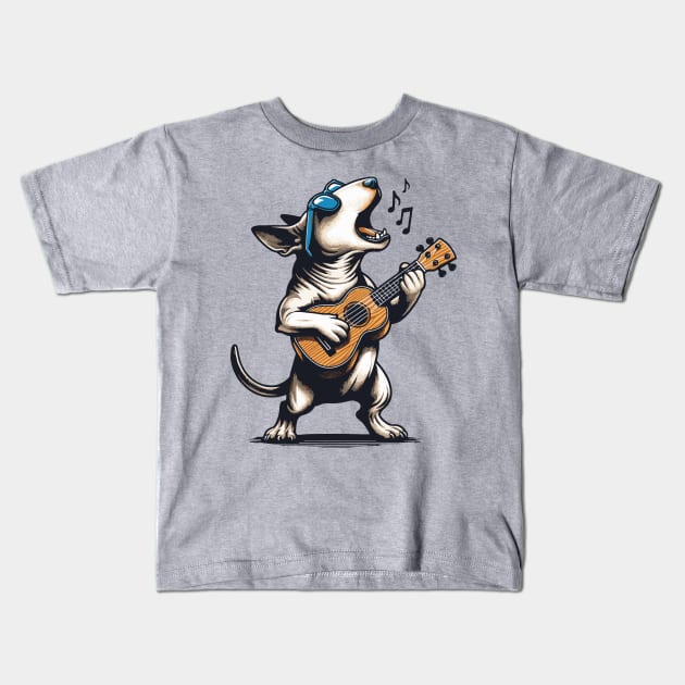 Dog Playing Guitar Singing Bull Terrier Funny Kids T-Shirt by BraaiNinja